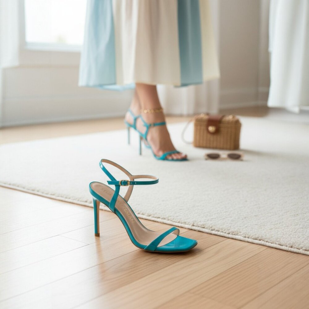 PRE-OWNED DESIGNER STUART WEITZMAN PATENT LEATHER BLUE ANLE STRAP SANDAL'S 8.5 M